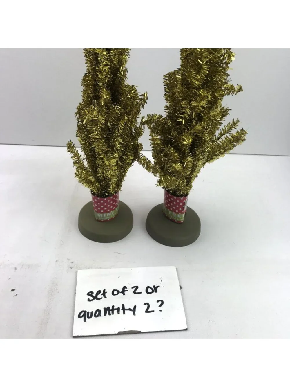 Set Of 2 Gold Tinsel Mini Christmas Trees With Polka Dot Base - 18 Inches